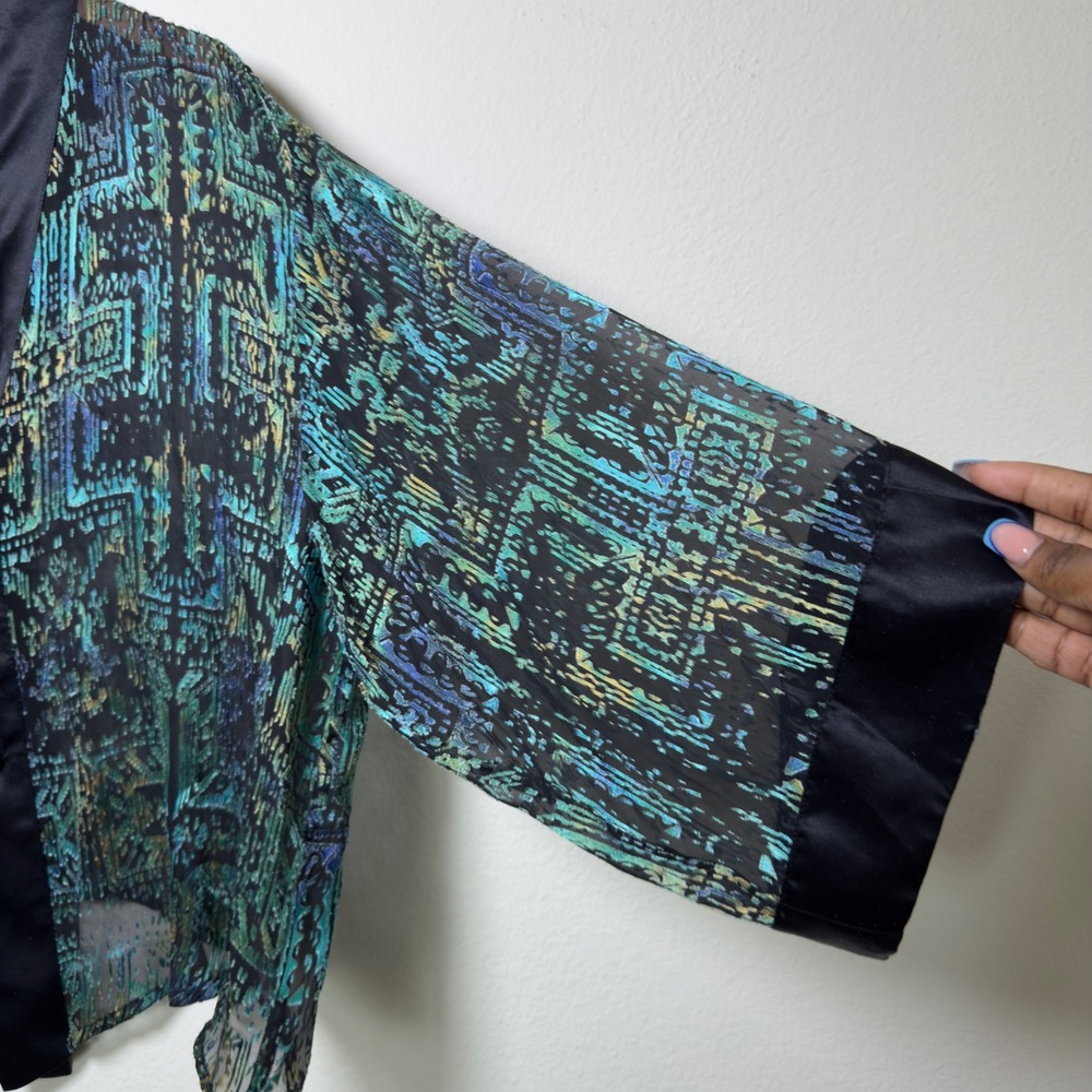 Chicos Women SILK Cardigan Top XL Black Teal Abstract Sheer Burnout Kimono Top - Picture 5 of 6